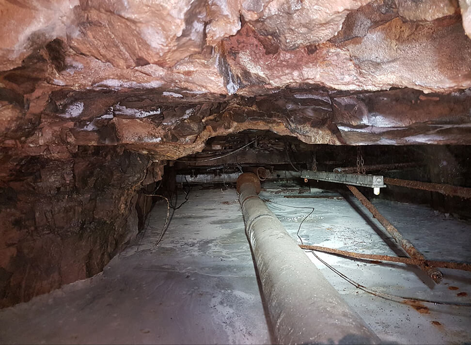 Die verfüllte Werkstatt in der Grube Käfersteige auf der 120 Meter Sohle im Jahr 2017